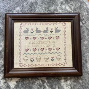 Vintage Framed Needlepoint Bunnies Baskets Flowers